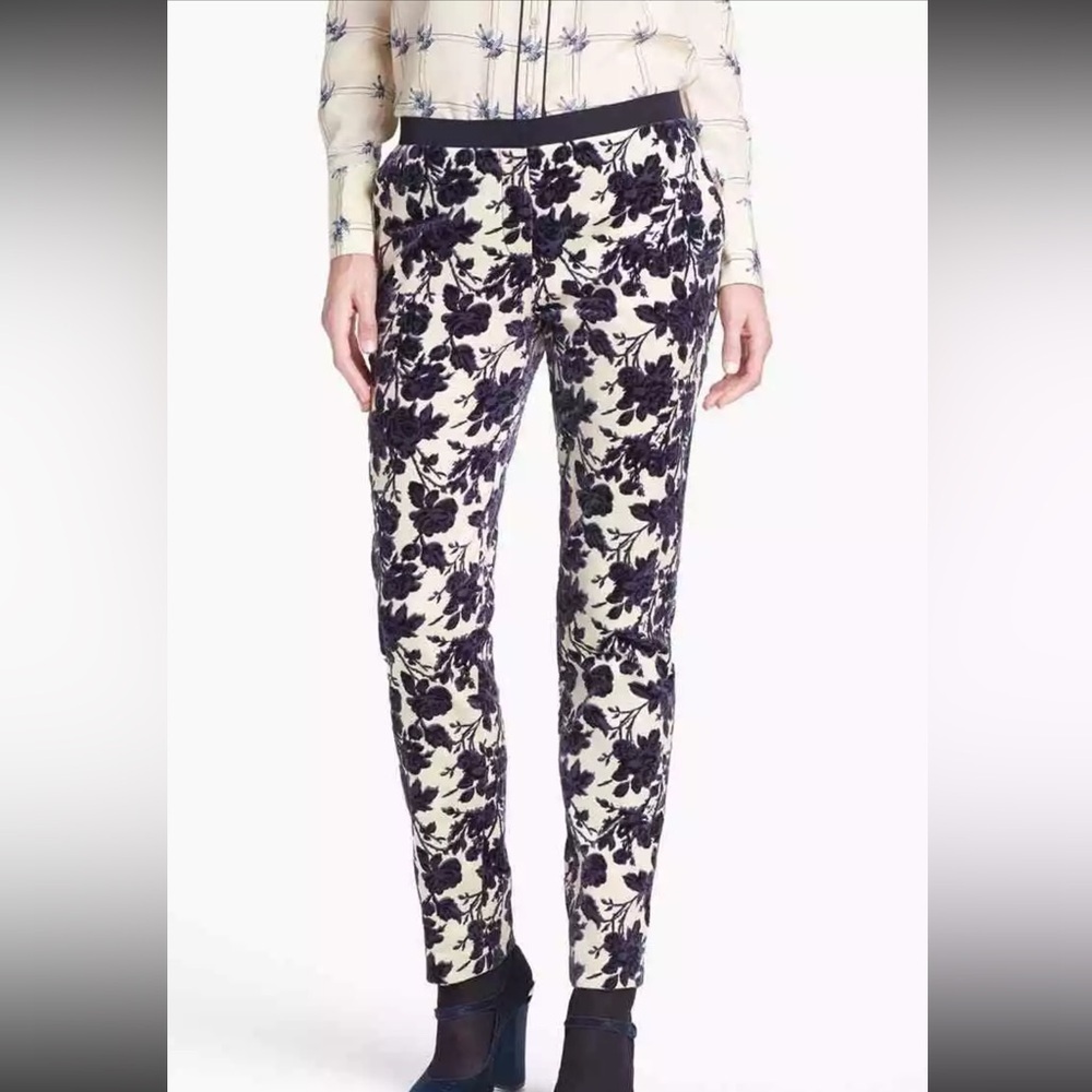Tory Burch Women Runway Dayton Purple Combo Floral Flocked Pant Size 6
